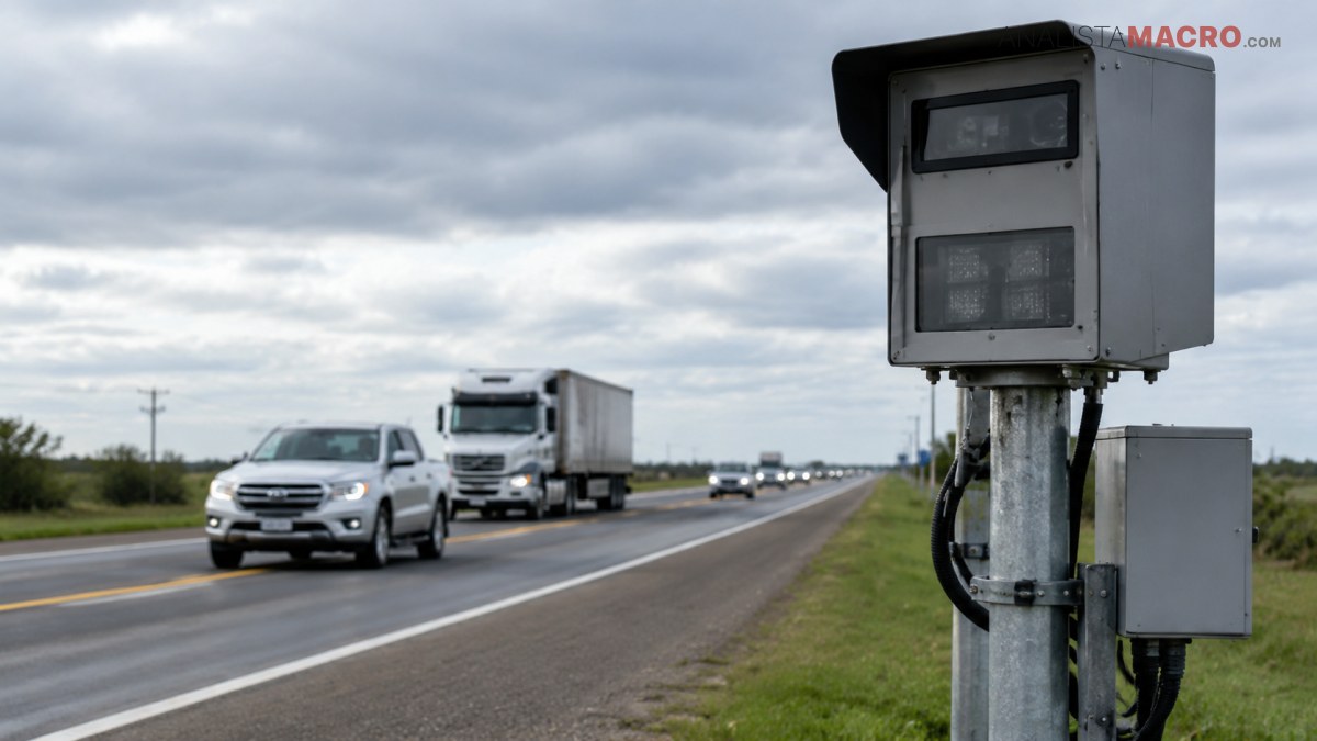 Dispositivo de control montado en un poste junto a una carretera, con vehículos circulando bajo un cielo nublado.
