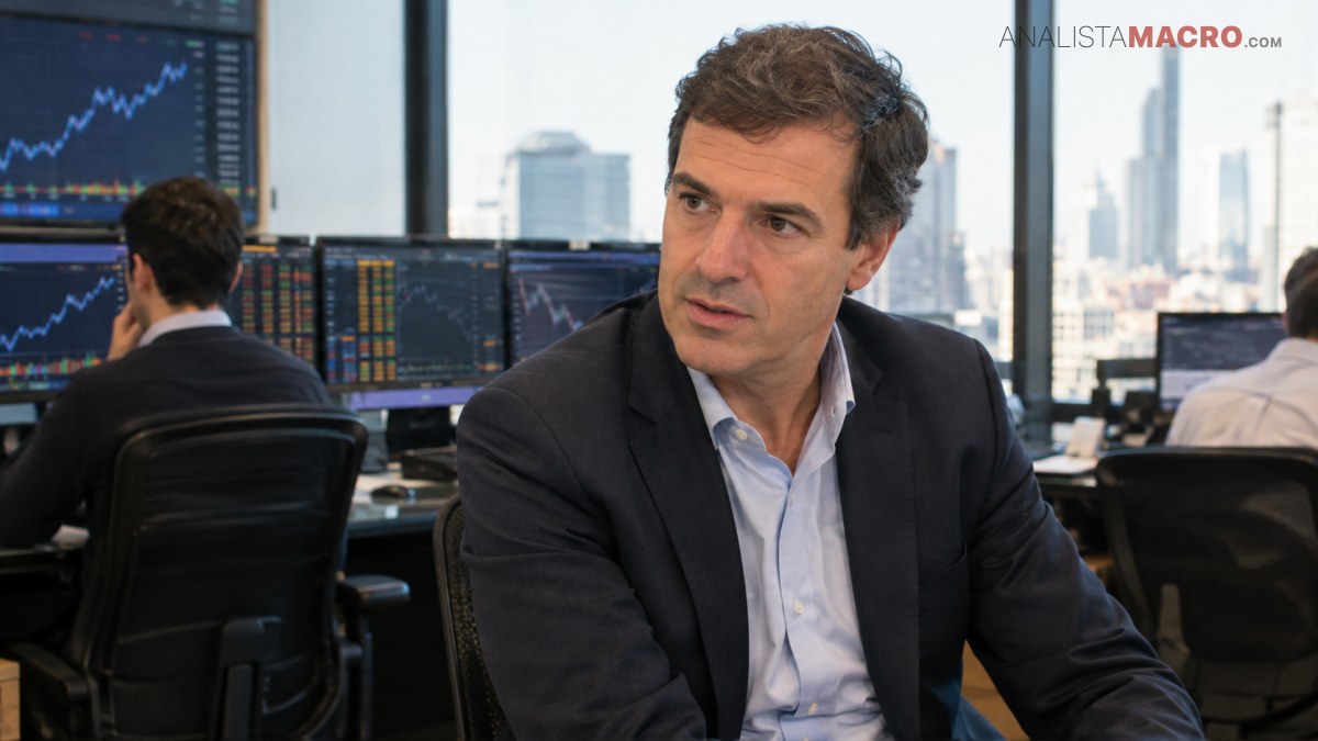 Hombre con traje oscuro sentado frente a pantallas financieras, mientras varias personas trabajan en una oficina con ventanales.