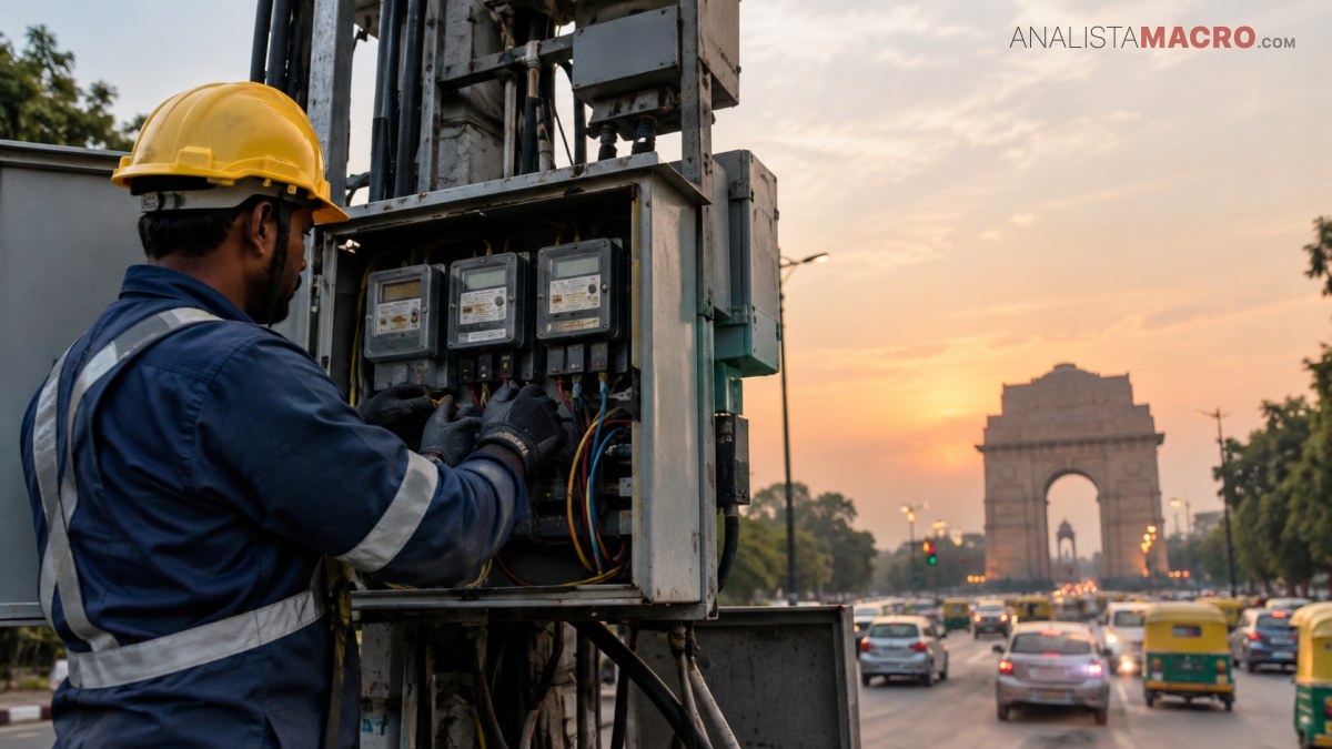 Trabajador con casco y uniforme reflectante revisa un panel eléctrico junto a una avenida, mientras un arco monumental aparece al fondo.