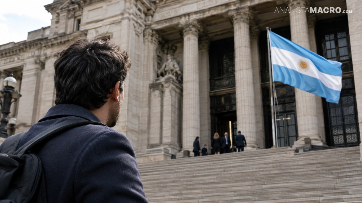 Persona de espaldas observa una bandera argentina frente a un imponente edificio de columnas y escalinata.