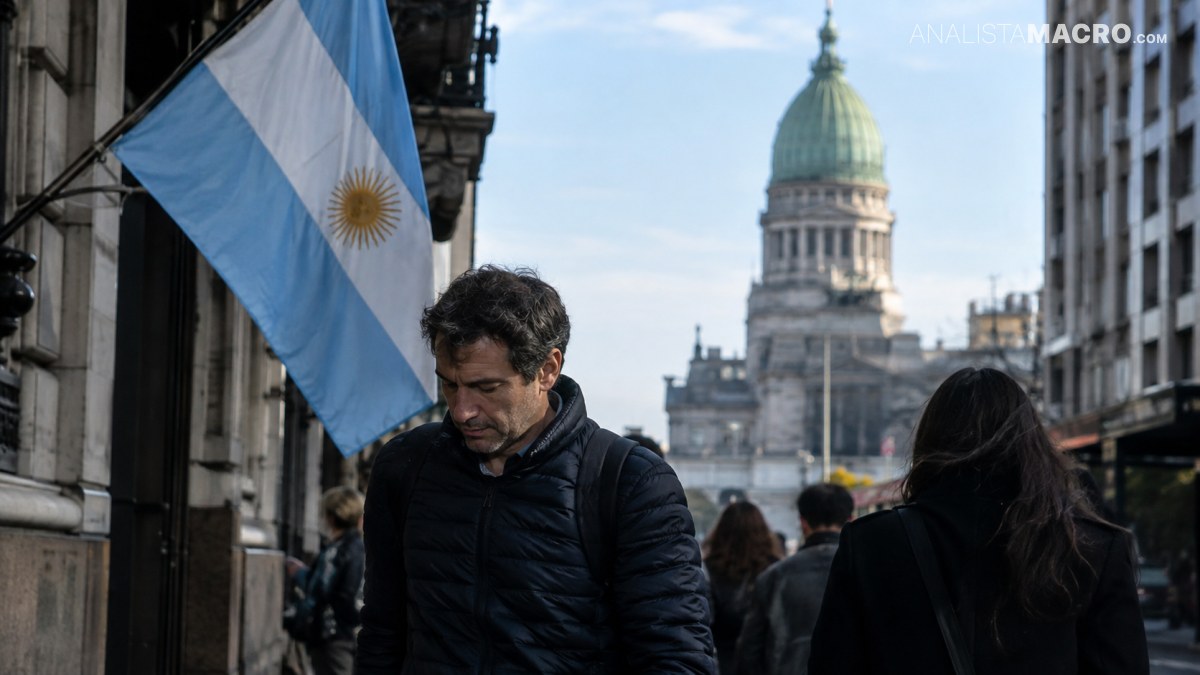 Un hombre camina por una calle junto a una bandera argentina, con un edificio de cúpula verde al fondo.