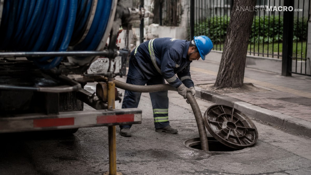 Trabajador con casco azul introduce una manguera en una alcantarilla junto a un camión, una acera y una reja.