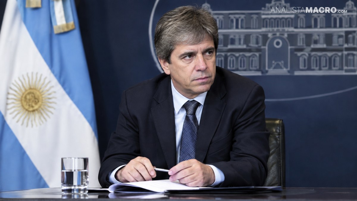 Hombre con traje oscuro, sentado frente a una mesa, sostiene una hoja y mira a un lado junto a la bandera argentina.