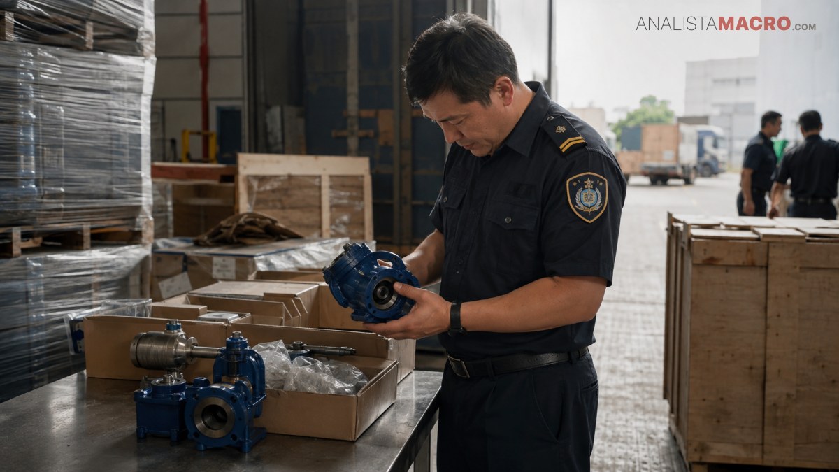Hombre con uniforme oscuro inspecciona una pieza mecánica azul junto a cajas de madera y equipos industriales embalados.