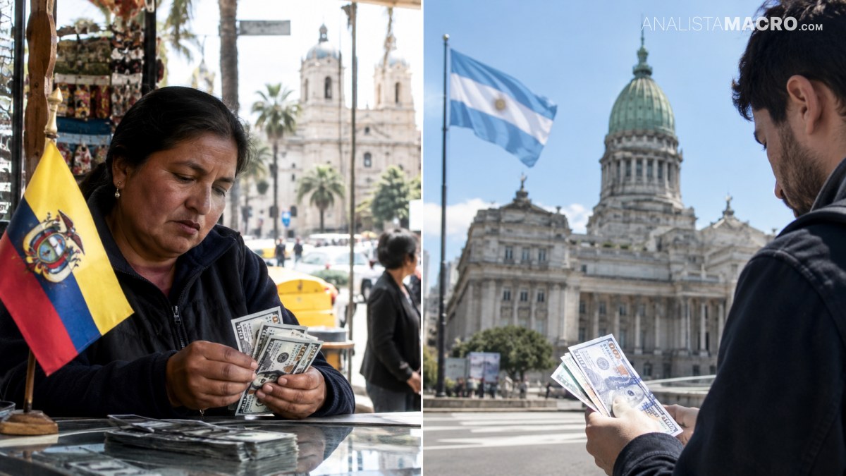 Una mujer cuenta billetes junto a una bandera ecuatoriana, mientras un hombre sostiene dinero frente a un edificio histórico.