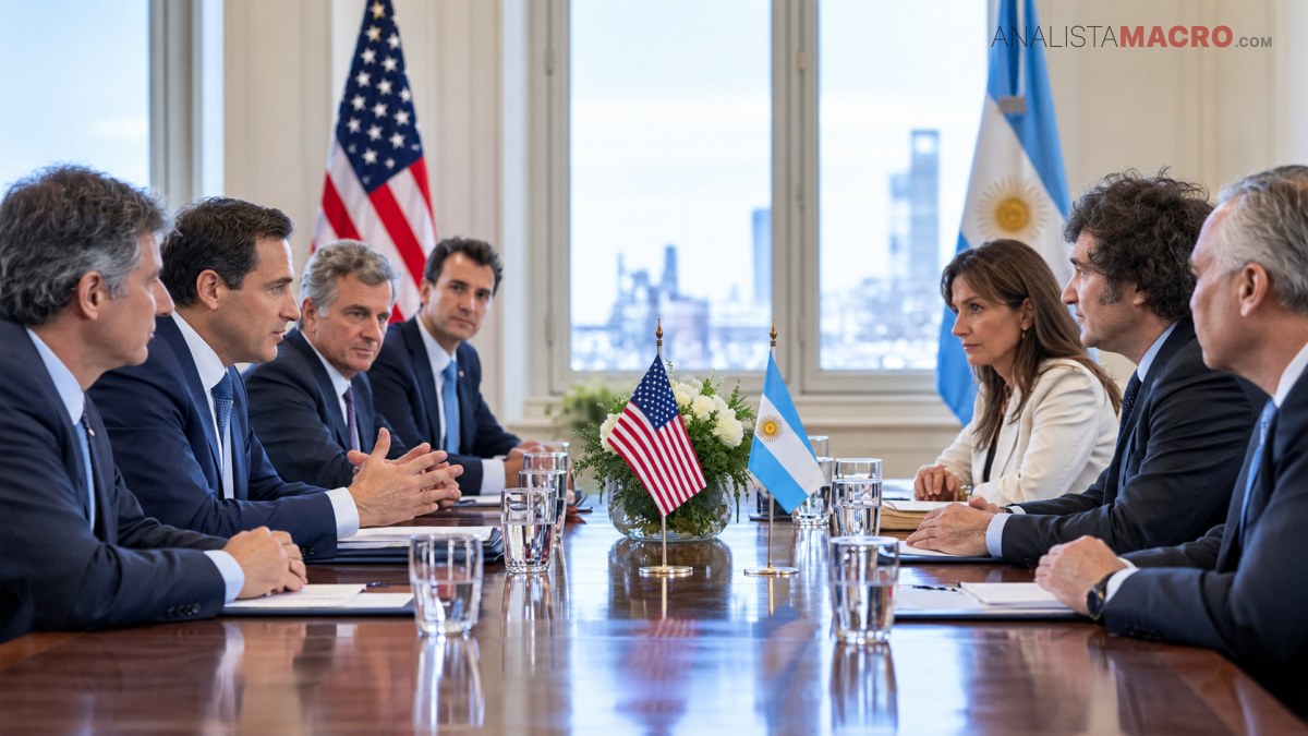 Dos delegaciones conversan alrededor de una mesa con banderas de Estados Unidos y Argentina, vasos y botellas de agua.