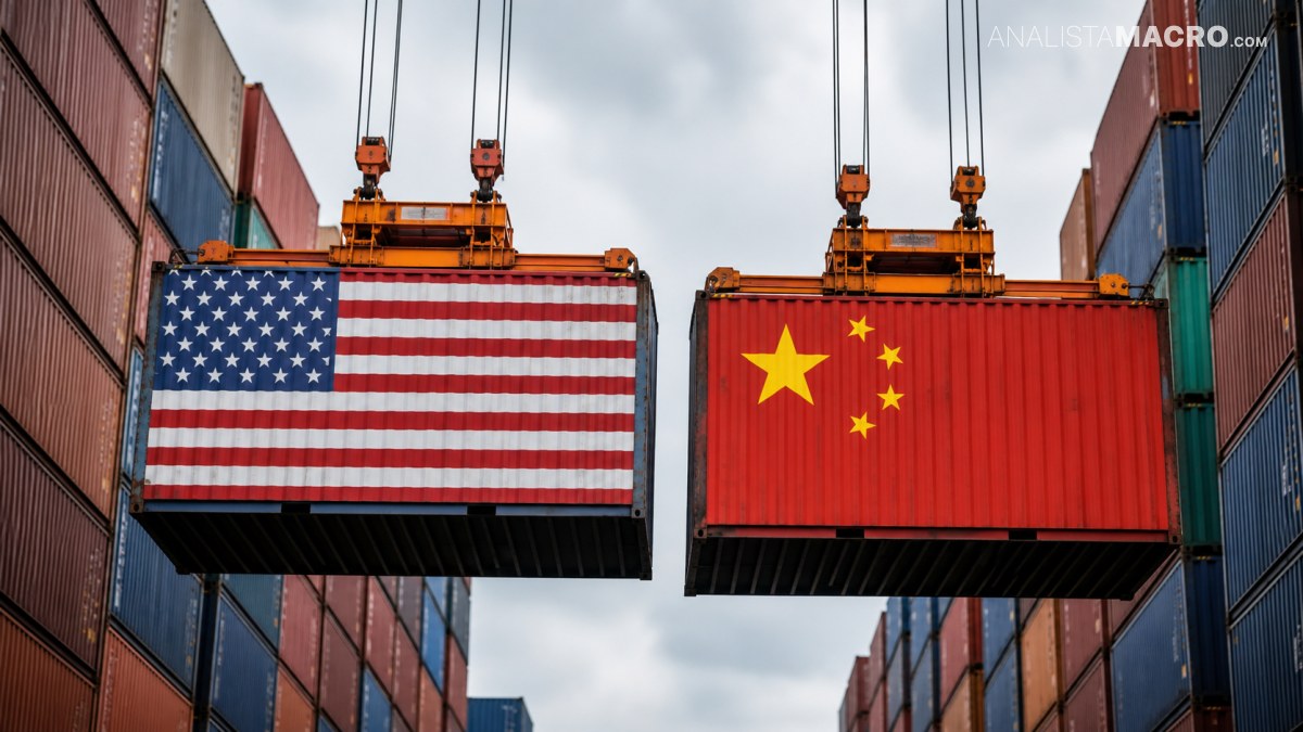 Dos contenedores de carga suspendidos con banderas de Estados Unidos y China, entre naves de almacenamiento y cielo nublado.