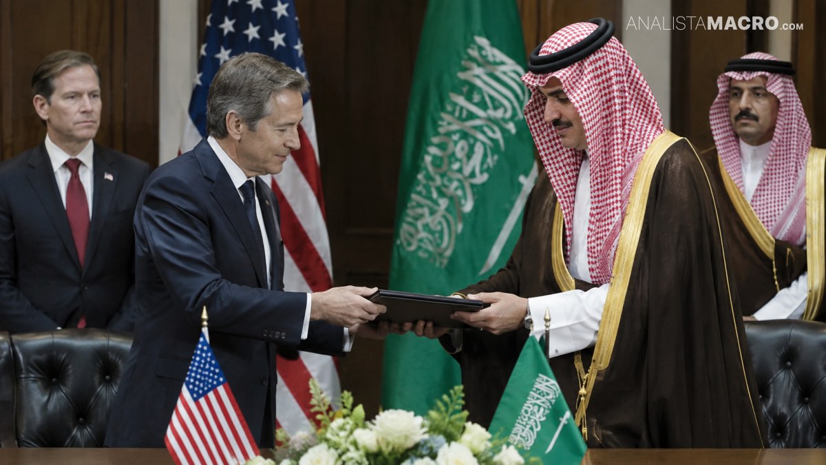 Dos hombres intercambian una carpeta frente a banderas de Estados Unidos y Arabia Saudita, mientras otros dos observan detrás.