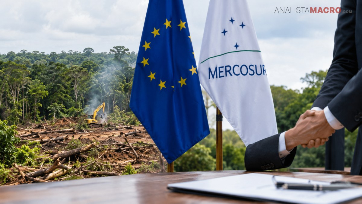 Dos personas estrechan sus manos frente a banderas de la Unión Europea y Mercosur, con un área forestal talada al fondo.