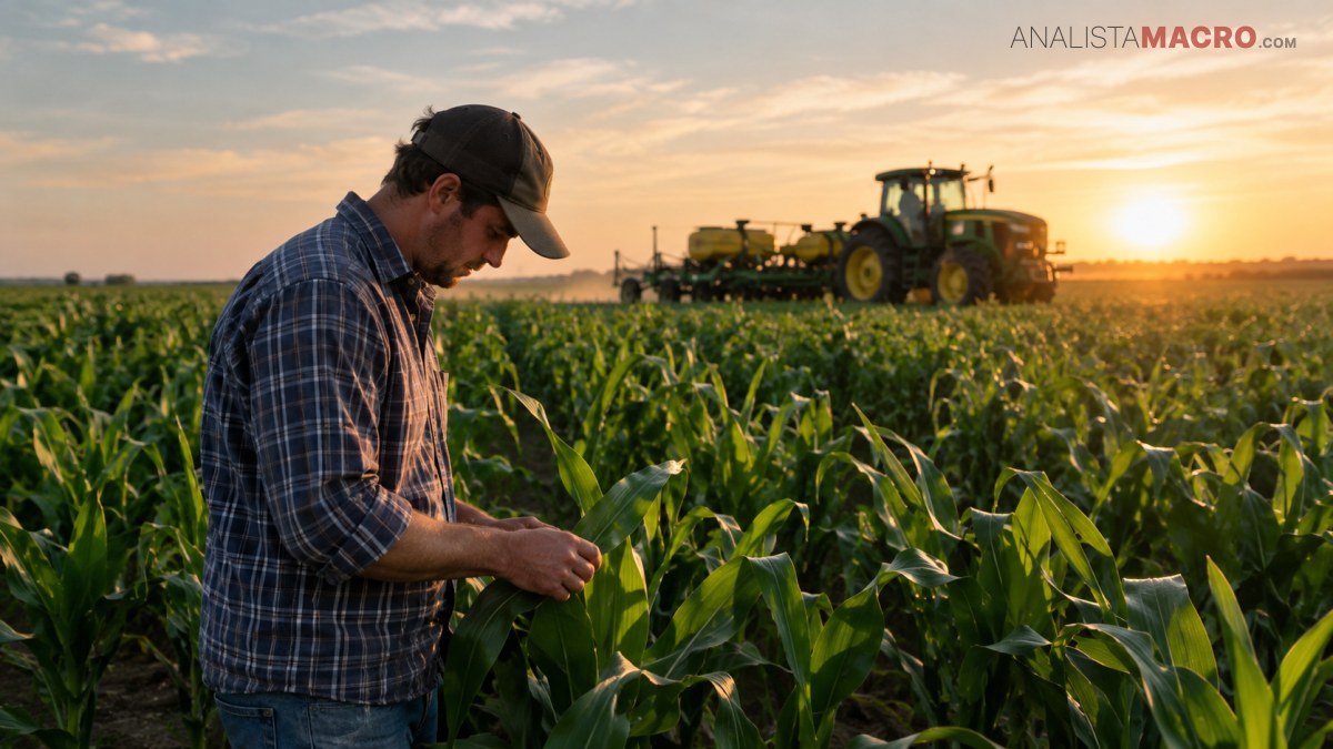 Hombre con gorra revisa plantas de maíz mientras un tractor trabaja al fondo durante el atardecer.