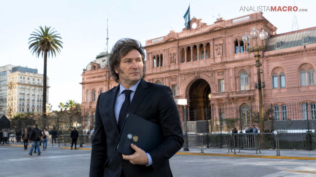 Un hombre con traje sostiene una carpeta negra frente a un edificio rosado, con palmeras y personas al fondo.