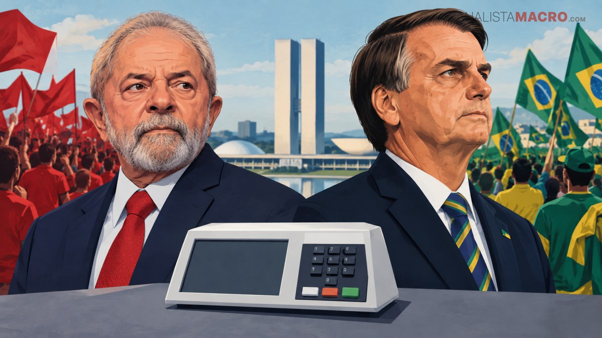 Dos hombres con traje aparecen frente a un dispositivo de votación, rodeados de banderas rojas y brasileñas y edificios gubernamentales.