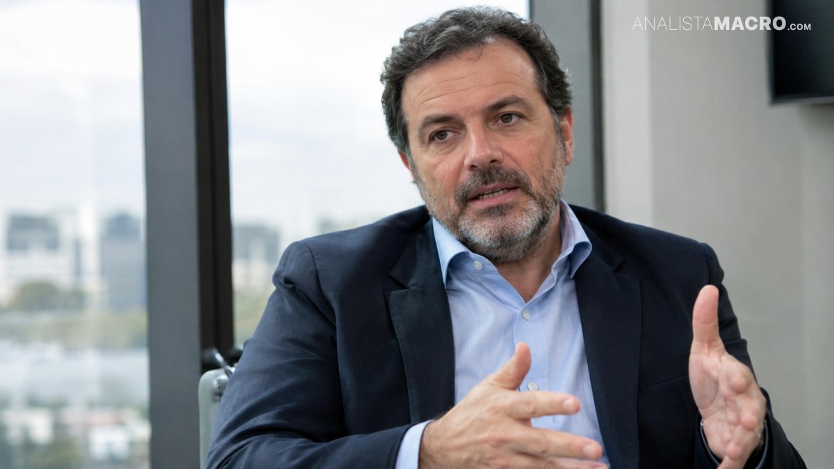 Hombre con barba, traje oscuro y camisa azul, sentado y gesticulando frente a una ventana.