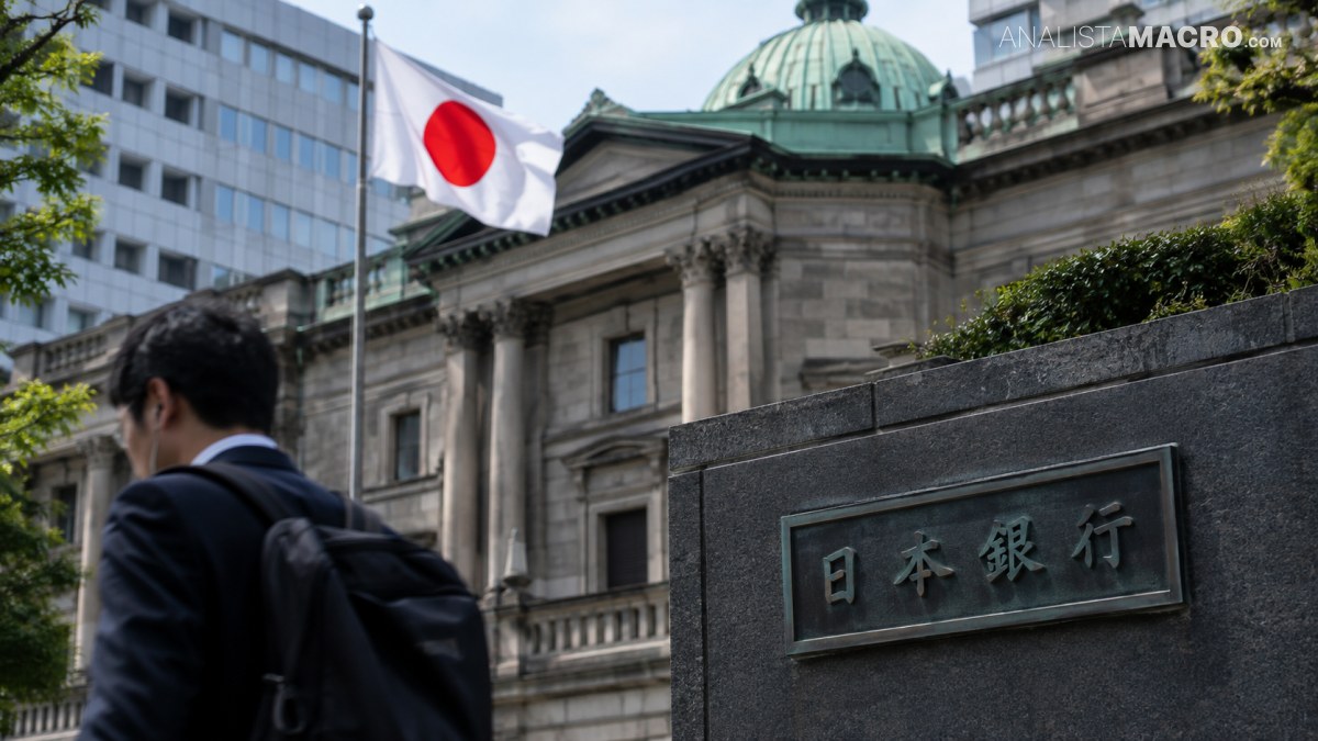 Persona con traje y mochila frente a un edificio histórico, junto a un letrero con caracteres japoneses y una bandera de Japón.