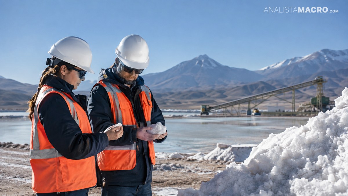 Dos trabajadores con cascos y chalecos reflectantes consultan documentos frente a un lago, montañas nevadas y una estructura metálica.