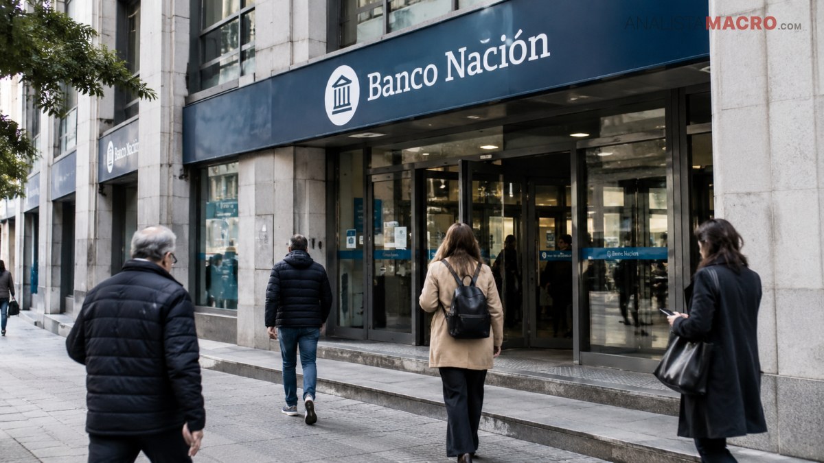 Personas caminan frente a la entrada de una sucursal de Banco Nación, ubicada en un edificio de fachada revestida.
