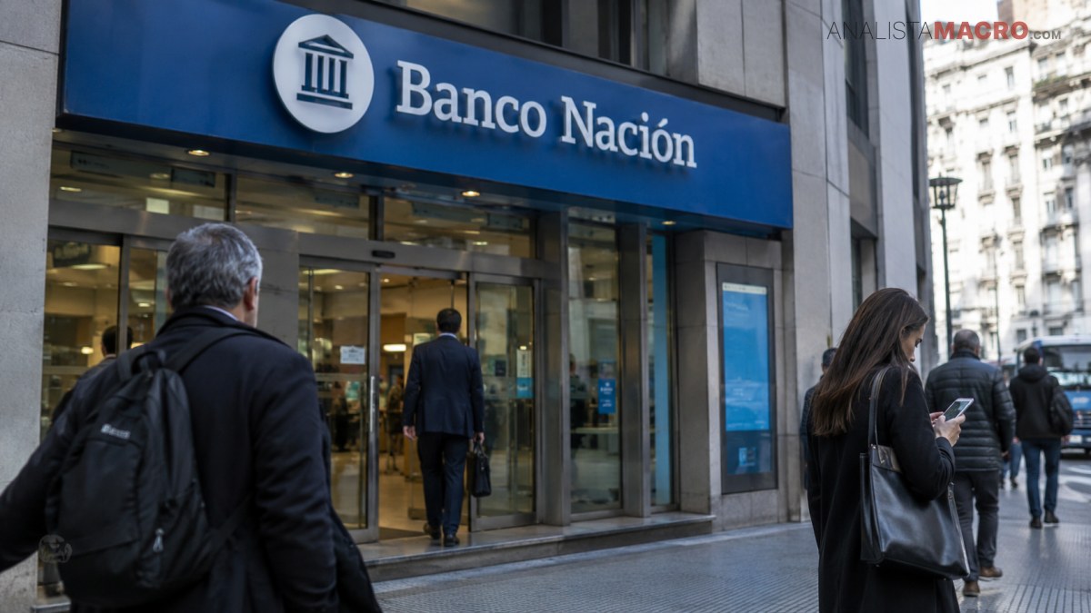 Personas caminan frente a la entrada de una sucursal del Banco Nación en una calle urbana.