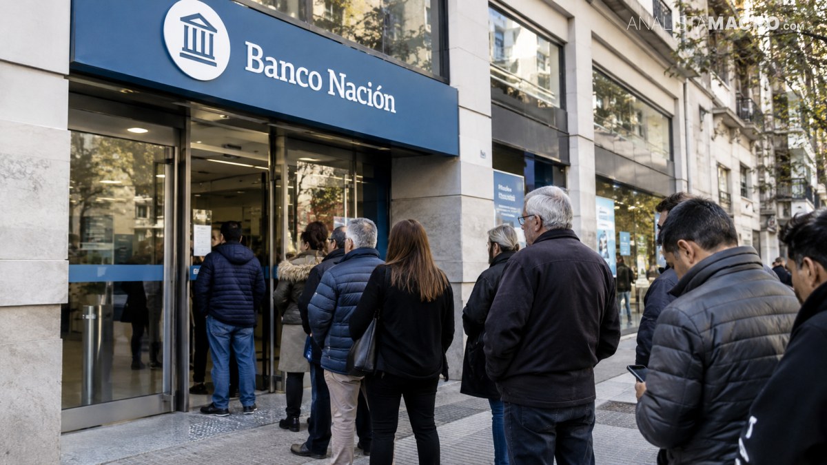 Personas hacen fila frente a la entrada de una sucursal de Banco Nación, ubicada en una calle urbana.