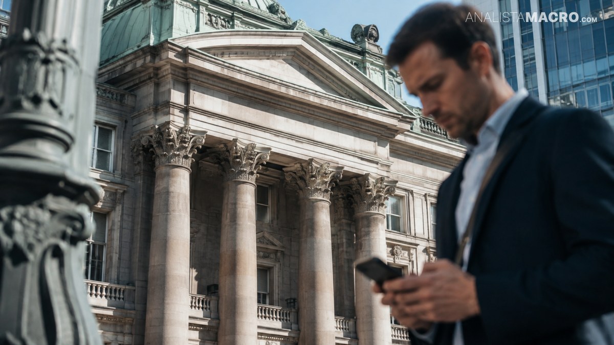 Hombre con traje consulta su teléfono frente a un imponente edificio clásico con columnas ornamentadas.