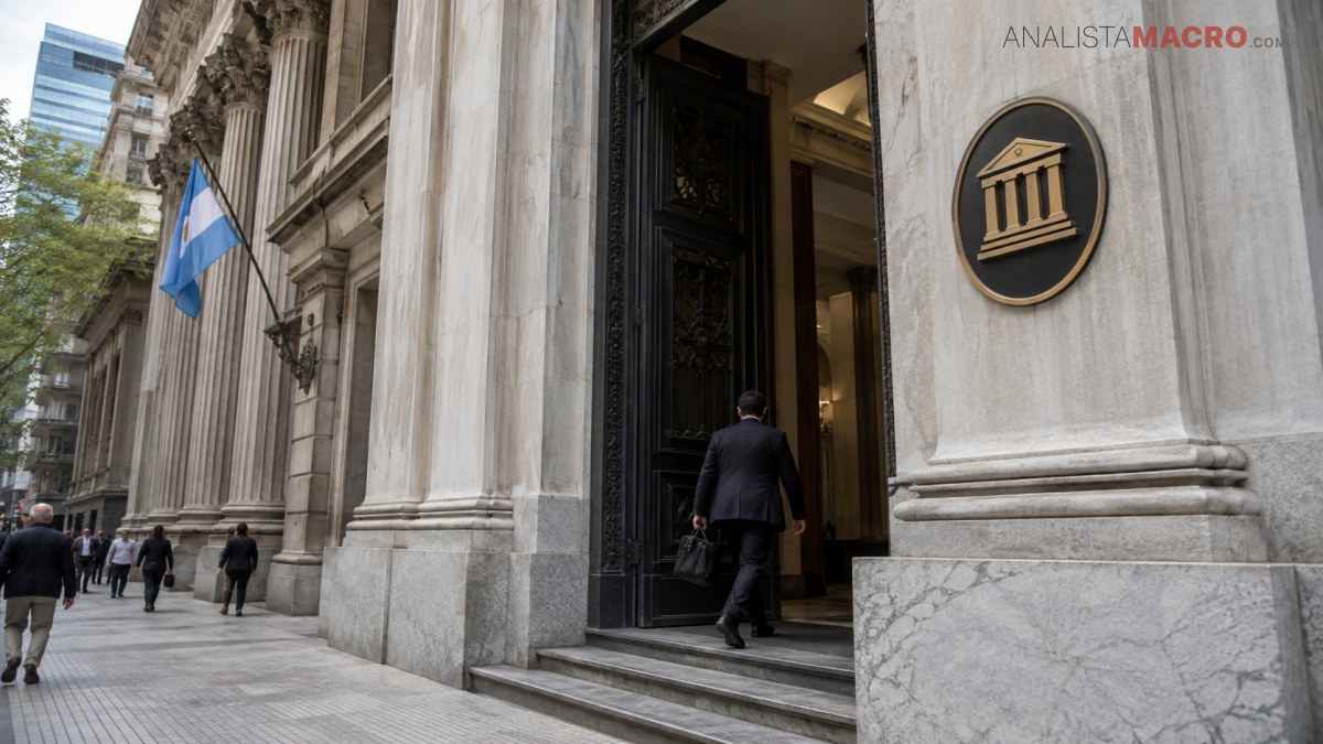 Persona entrando a un edificio monumental con columnas, mientras una bandera argentina ondea junto a la entrada.