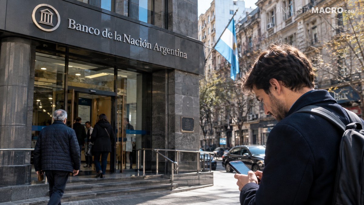 Hombre con mochila consulta su teléfono frente a la entrada del Banco de la Nación Argentina.
