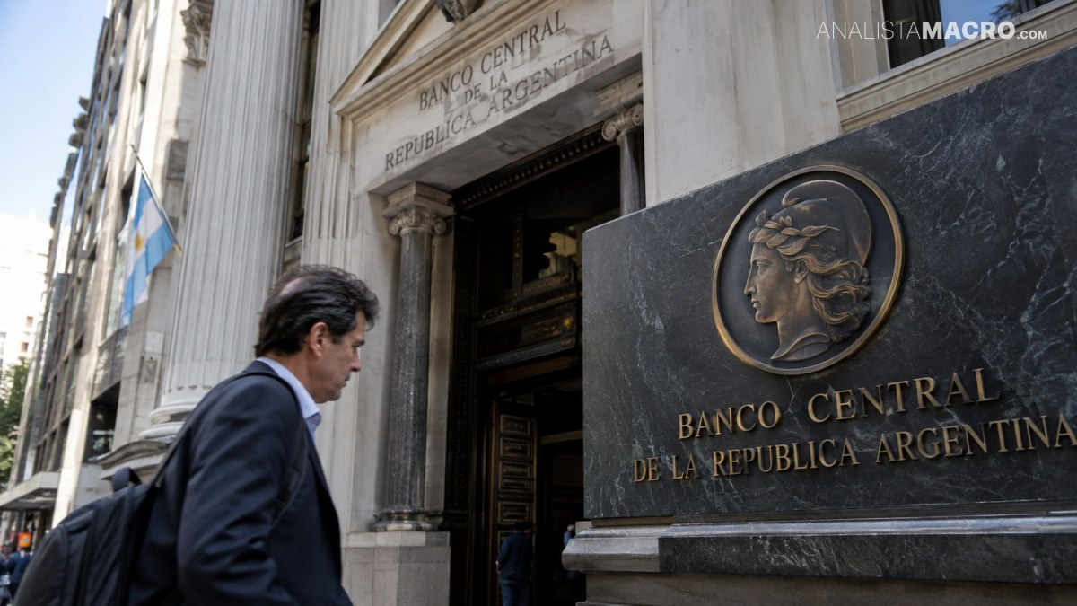 Un hombre con traje y mochila camina frente a la entrada del Banco Central de la República Argentina.