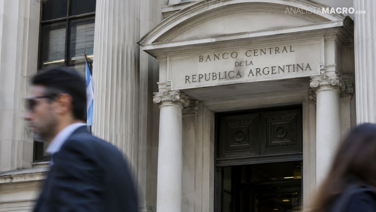 Entrada del Banco Central de la República Argentina, con columnas, fachada neoclásica y personas desenfocadas en primer plano.