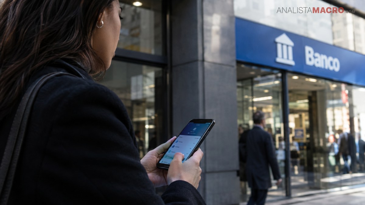 Una mujer sostiene un teléfono móvil mientras camina frente a un edificio con el letrero “Banco”.