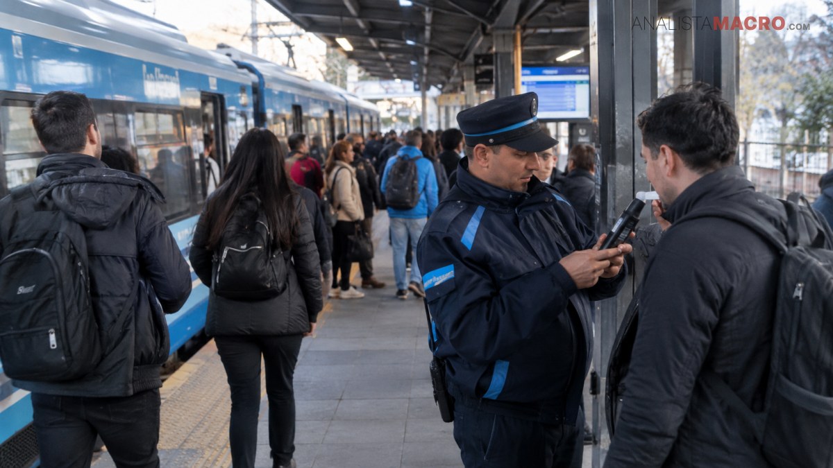 Un agente de seguridad conversa con un hombre mientras varias personas esperan junto a un tren azul.