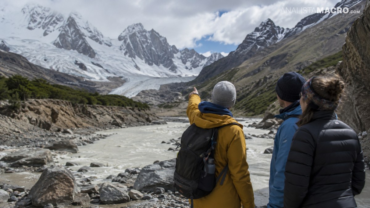 Tres personas contemplan un río de deshielo entre montañas nevadas y glaciares.