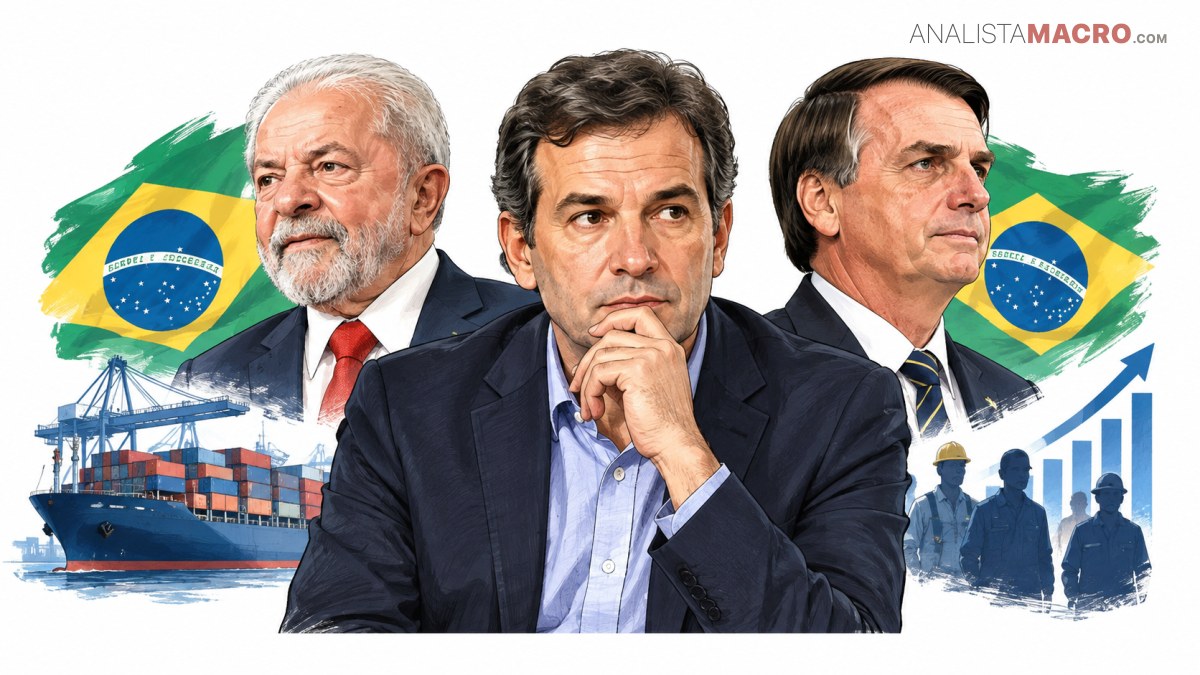Tres hombres con traje aparecen ante banderas brasileñas, un buque de carga, grúas portuarias, trabajadores y un gráfico ascendente.