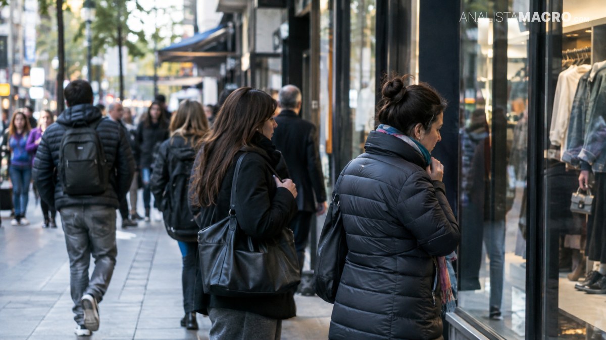 Dos mujeres observan el escaparate de una tienda mientras varias personas caminan por una concurrida calle comercial.