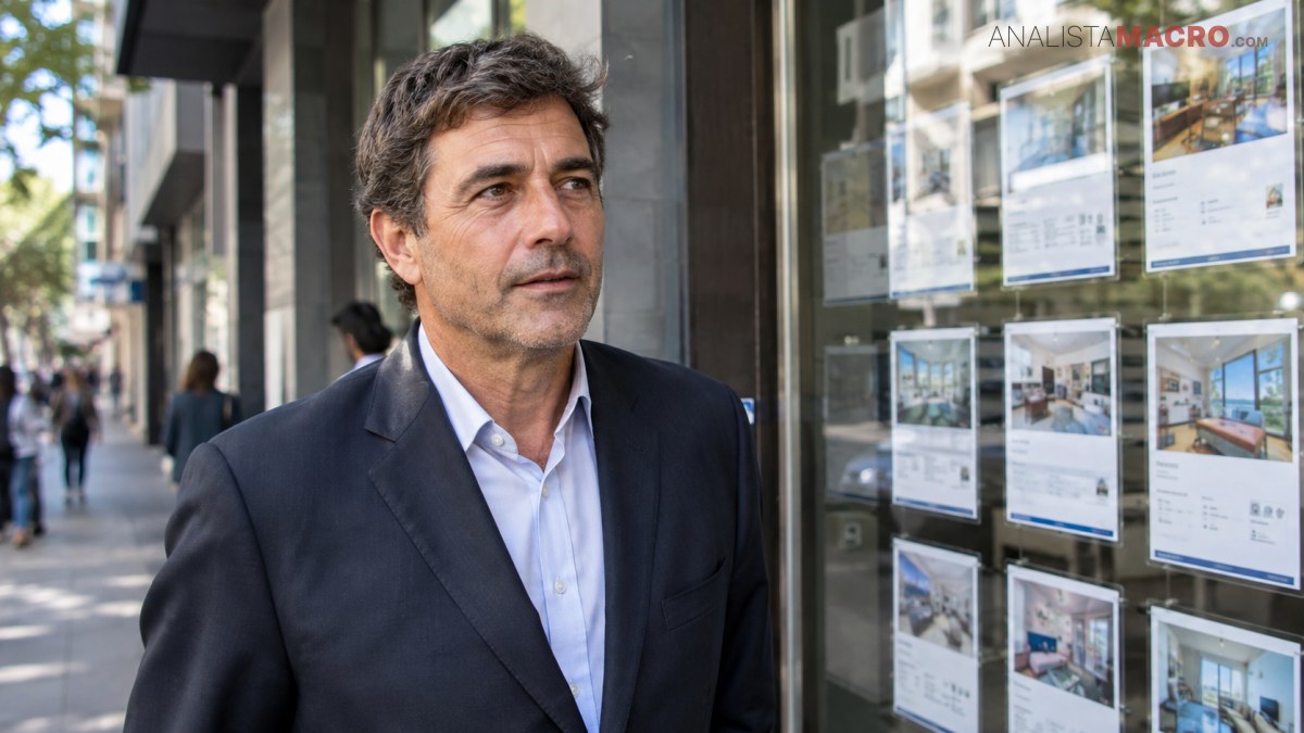 Hombre con traje oscuro frente a un escaparate que exhibe anuncios inmobiliarios.