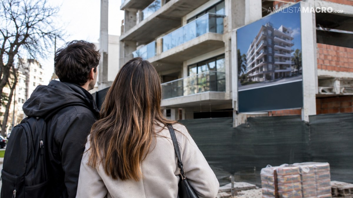 Dos personas observan una obra de construcción con andamios, materiales apilados y un cartel que muestra un edificio terminado.