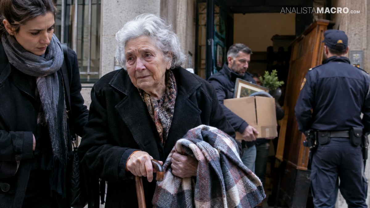 Una mujer mayor con abrigo oscuro camina apoyada en un bastón, mientras otras personas llevan paquetes y cajas.