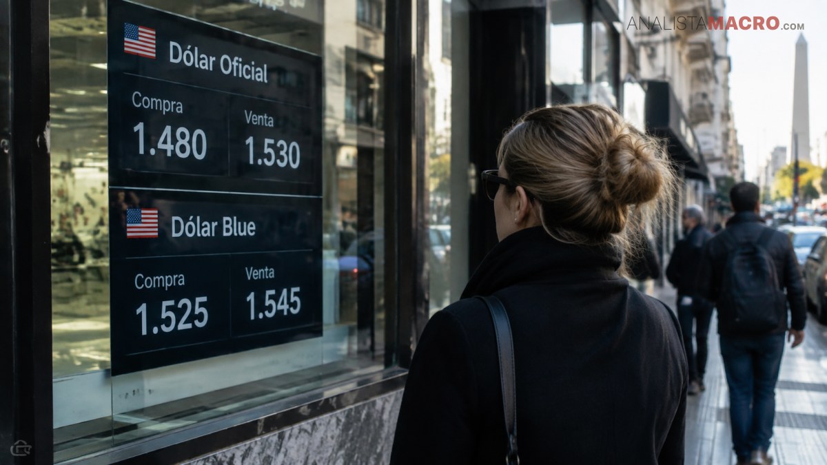 Mujer observa un cartel de cotización del dólar oficial y blue junto a una calle urbana.