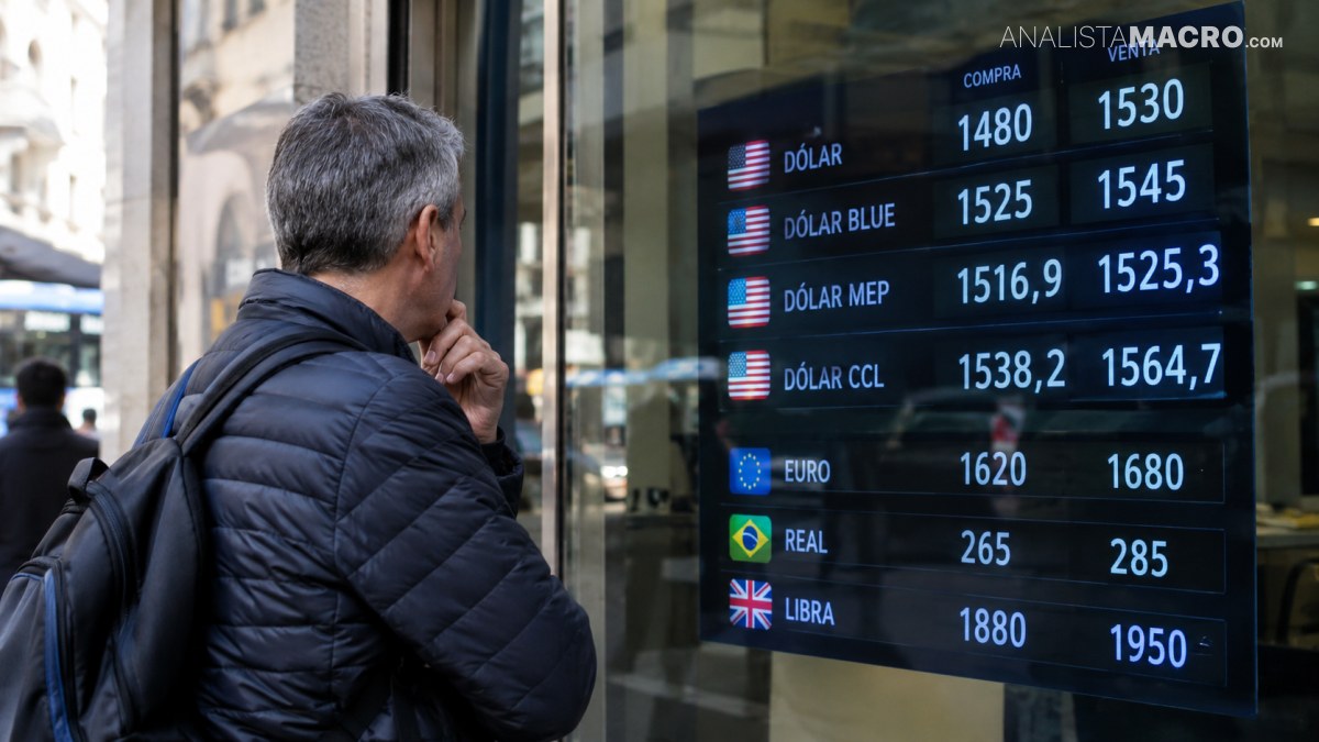 Hombre con mochila observa una pantalla que muestra cotizaciones de dólares, euros, reales y libras.