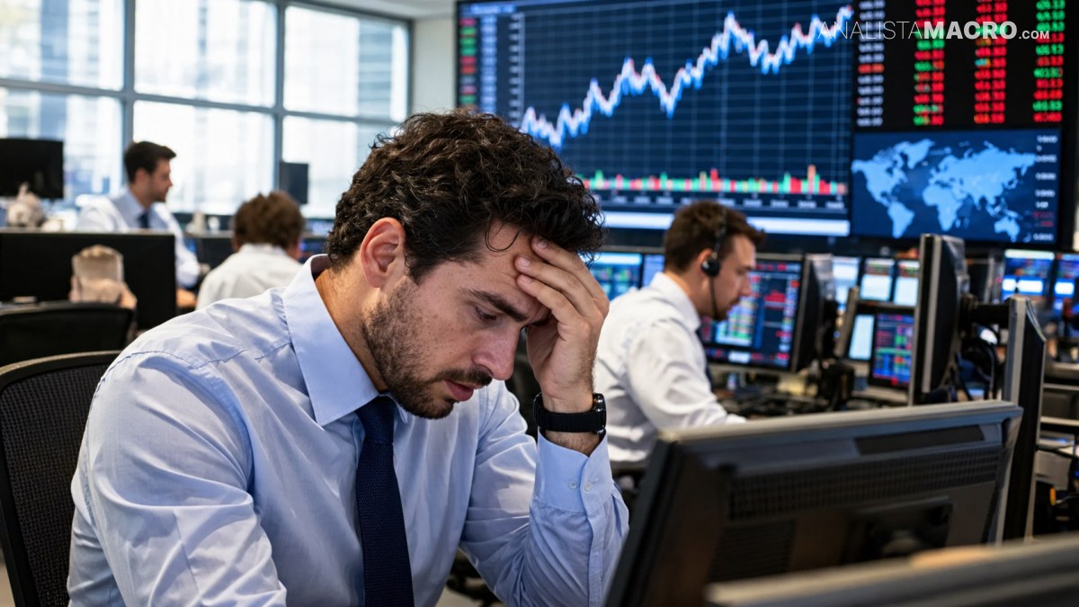 Un hombre con camisa y corbata se sujeta la frente frente a varios monitores con gráficos financieros.