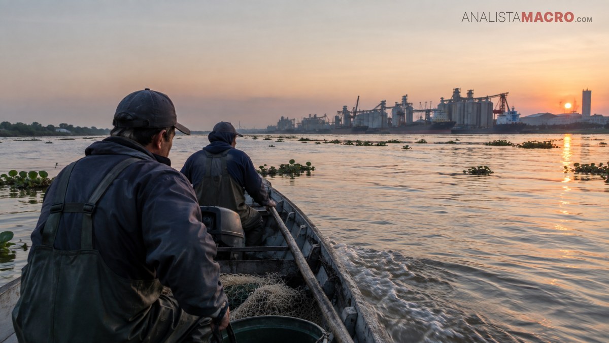 Dos hombres navegan en una pequeña embarcación mientras cae el sol sobre un río con vegetación flotante y estructuras industriales al fondo.