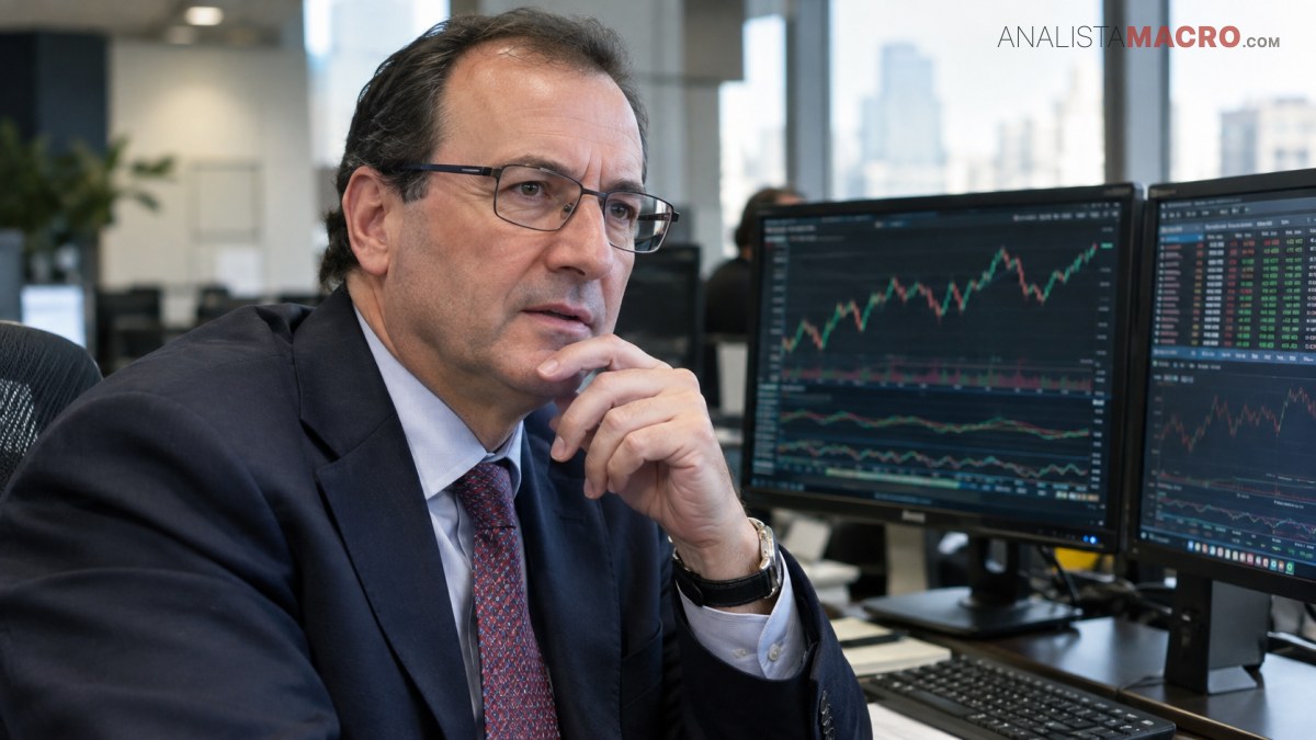 Hombre con traje y gafas, pensativo frente a monitores con gráficas financieras en una oficina.