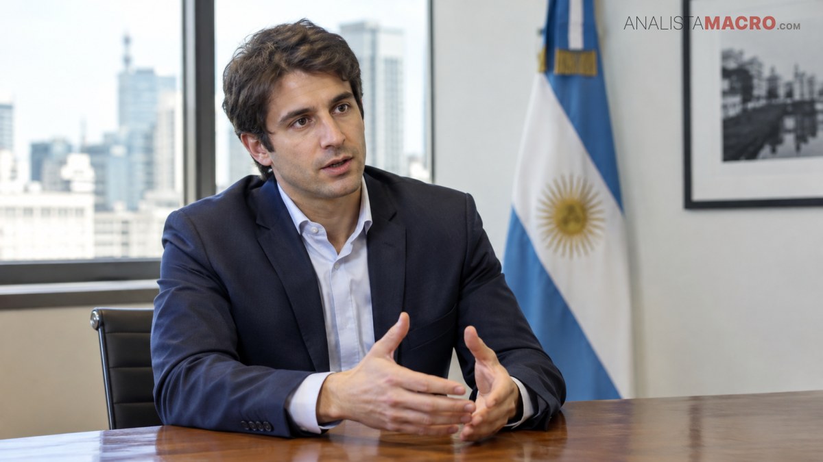 Hombre de cabello castaño con traje oscuro habla sentado ante un escritorio, junto a una bandera argentina y una ventana.