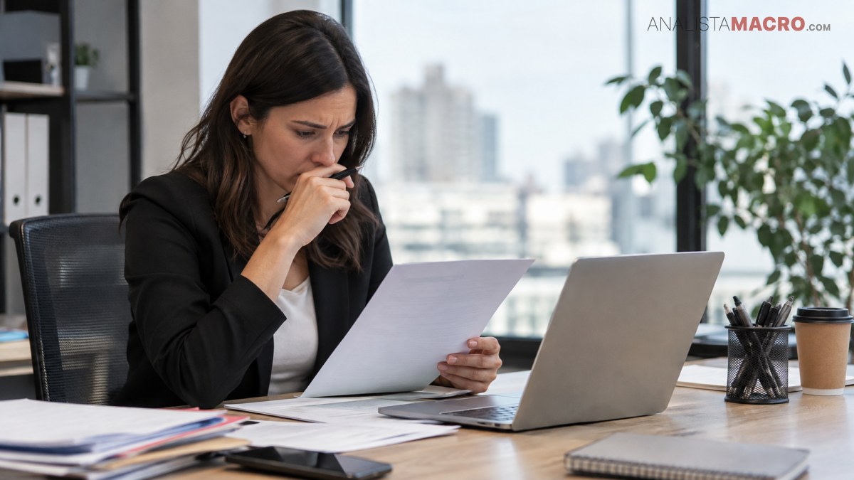 Mujer sentada en un escritorio revisa documentos junto a una computadora portátil, con gesto pensativo y una planta al fondo.
