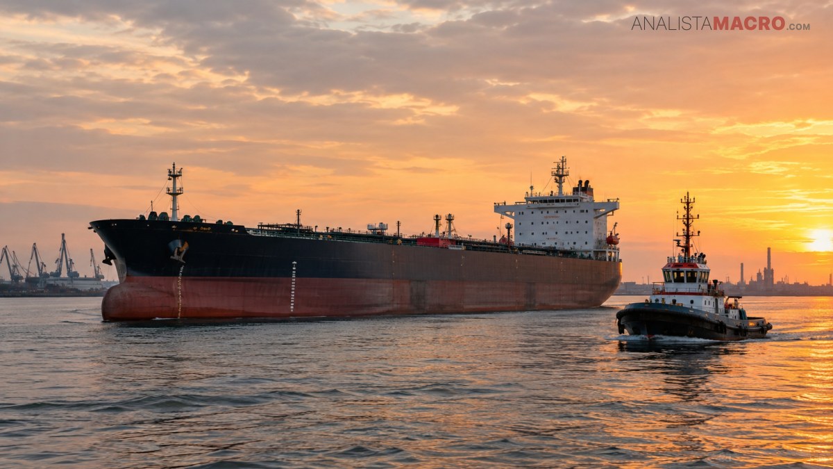 Un gran buque cisterna es remolcado por un barco pequeño sobre aguas tranquilas al atardecer, con grúas portuarias al fondo.