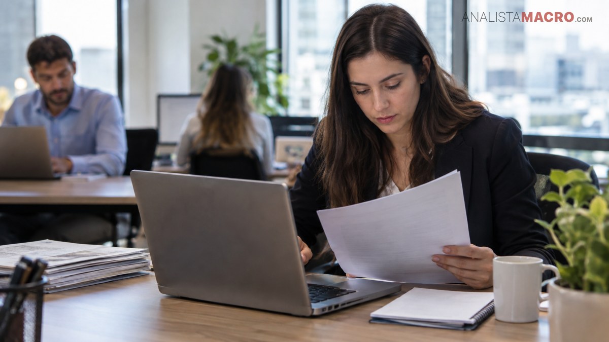 Mujer sentada frente a una computadora portátil revisa documentos, mientras varias personas trabajan en una oficina luminosa.