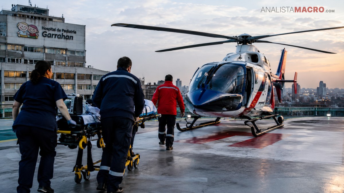 Personal médico traslada una camilla hacia un helicóptero estacionado en una azotea, frente a edificios urbanos y un hospital pediátrico.