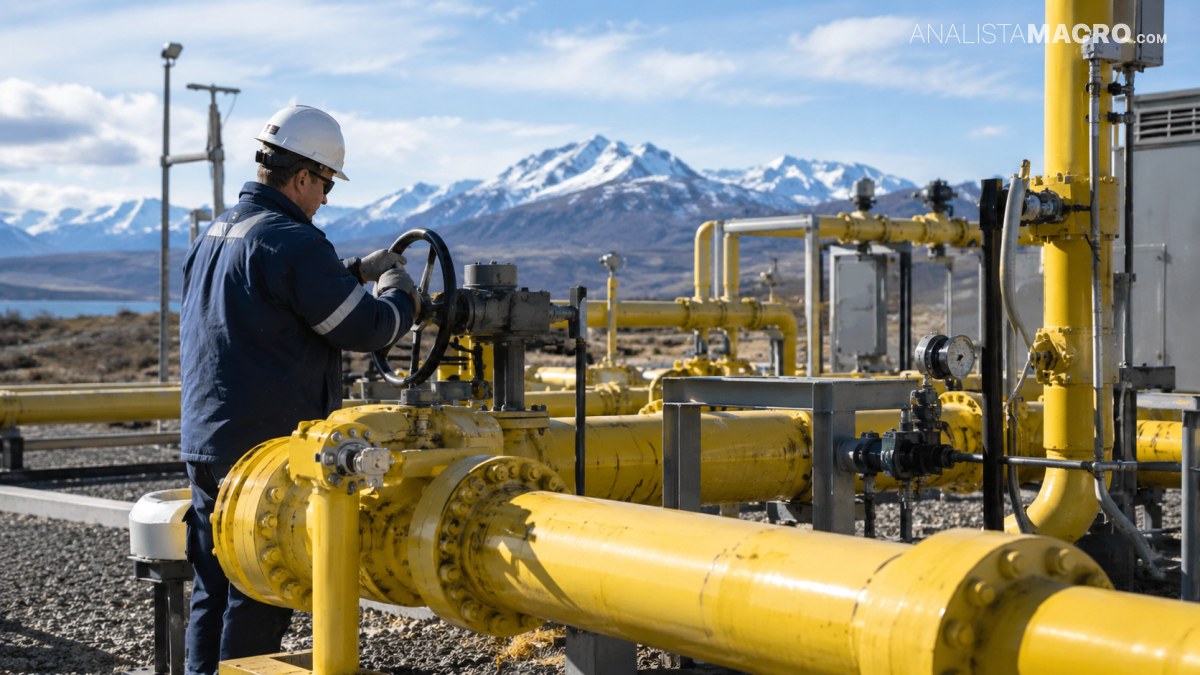 Trabajador con casco y uniforme opera maquinaria amarilla en una instalación industrial, frente a montañas nevadas.