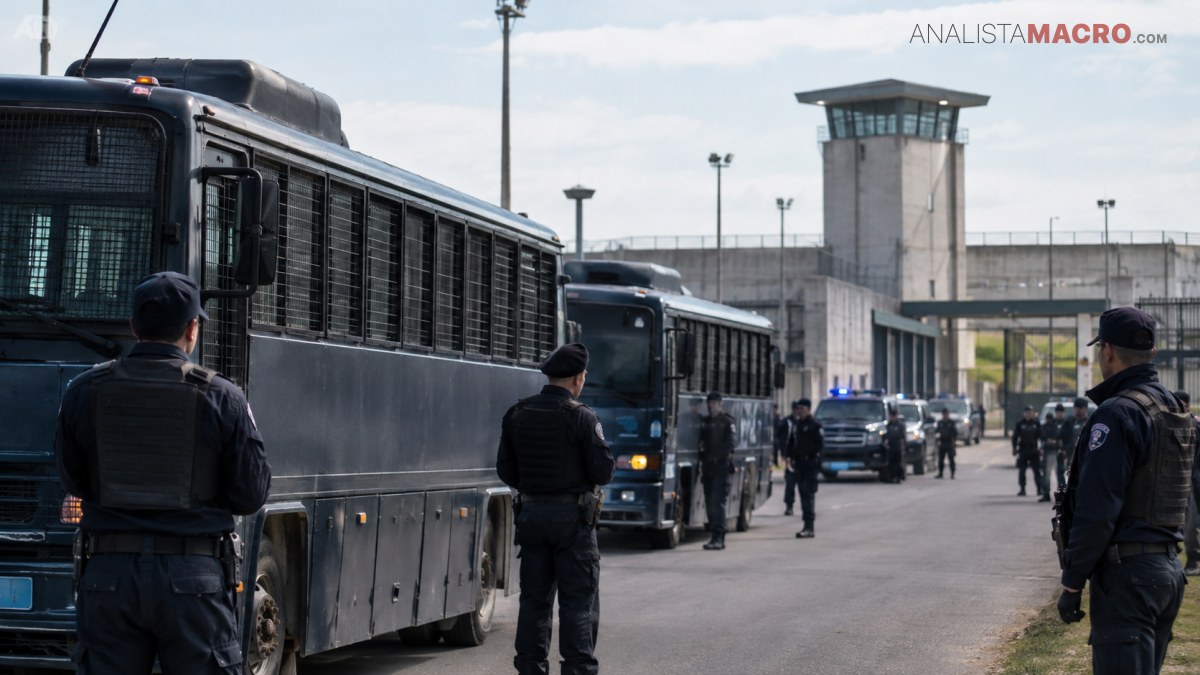 Varios agentes uniformados rodean autobuses blindados estacionados frente a un complejo penitenciario con una torre de vigilancia.
