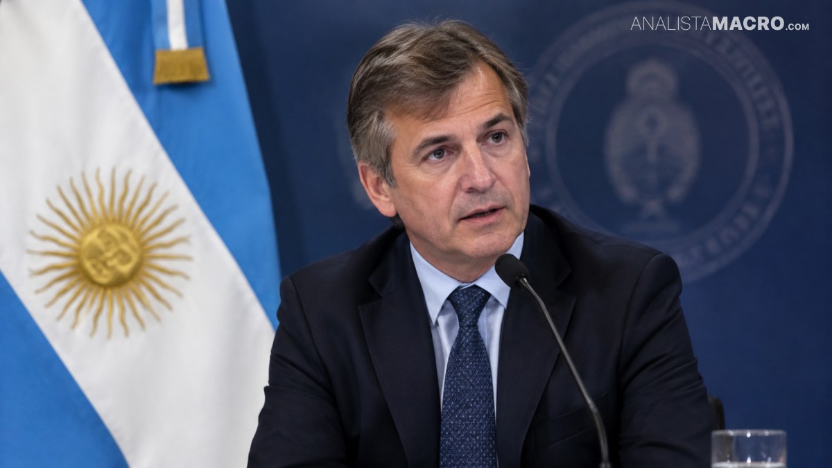 Hombre de cabello castaño, traje oscuro y corbata, sentado frente a un micrófono con una bandera argentina detrás.