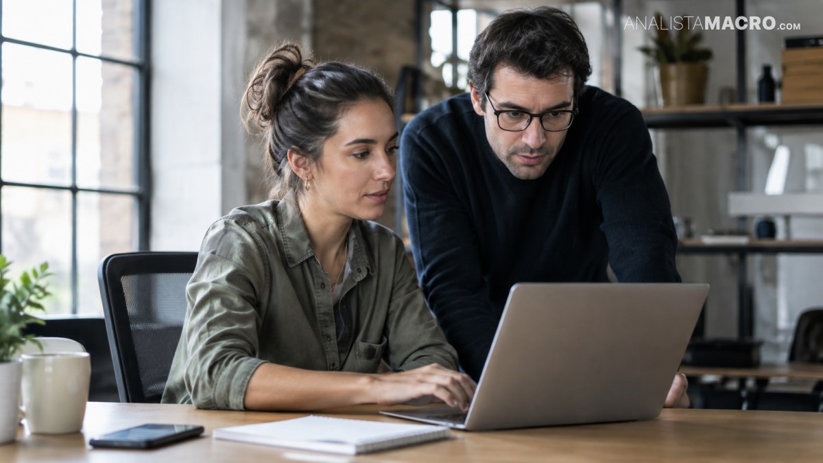 Dos personas observan juntas una computadora portátil abierta sobre una mesa en un espacio interior iluminado.