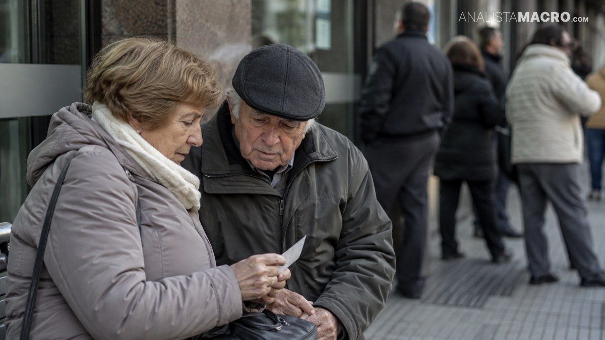 Una mujer y un hombre mayores conversan mientras observan un papel, rodeados de varias personas en una acera.